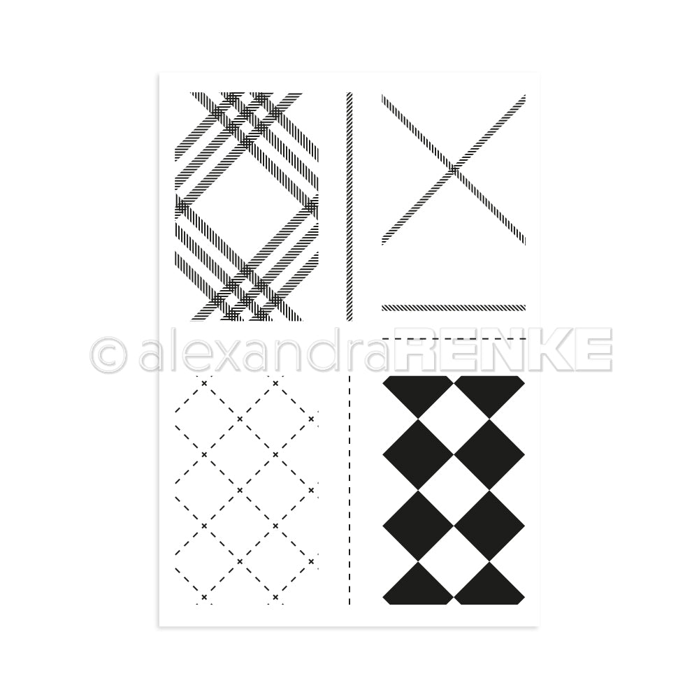 Vier geometrische, schwarz-weiße Rechteckmuster von Alexandra Renke - mit Linien, Rauten und Argyle-Formen - eignen sich perfekt für einzigartige Designs mit klaren Stempel- oder Photopolymertechniken.