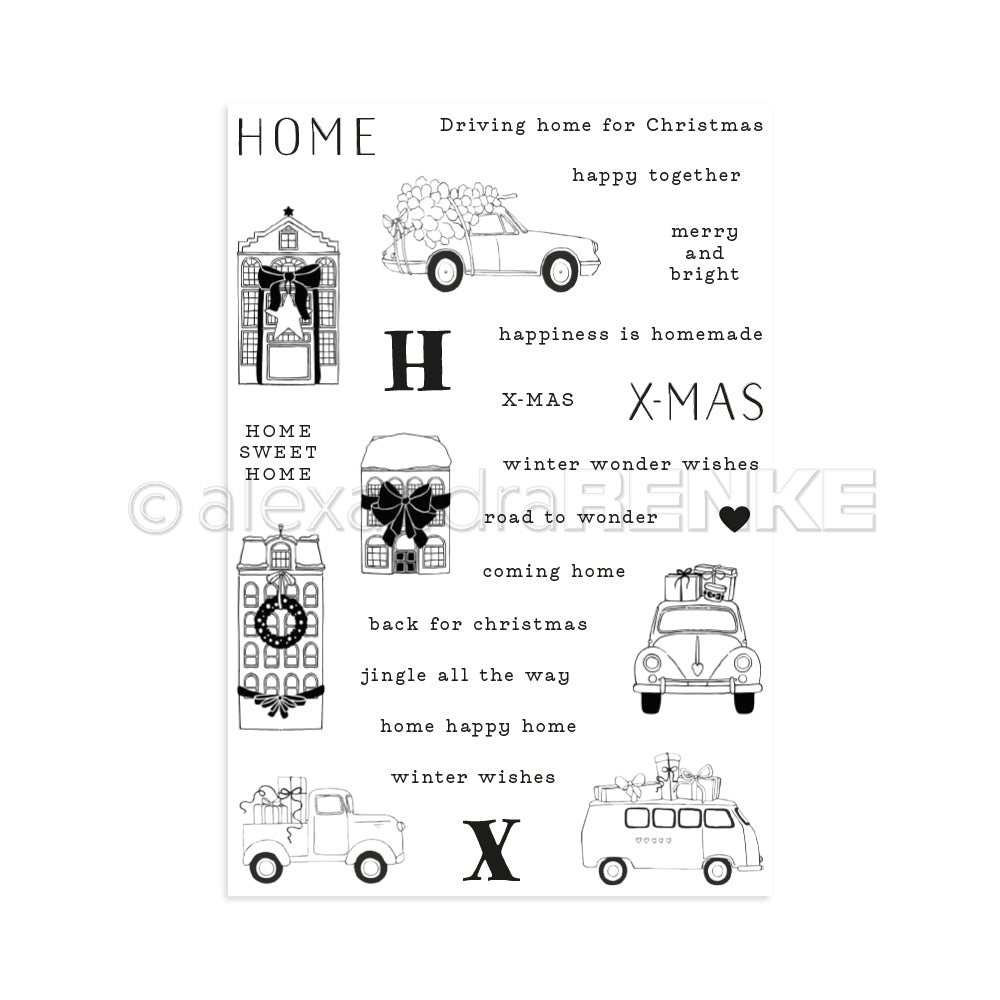 Gestalten Sie zu Hause festliche Weihnachtskarten mit der Clear Stamp Komposition Xmas von Alexandra Renke, die in Schwarz-Weiß weihnachtliche Illustrationen und Sätze wie Autos mit Bäumen und geschmückte Häuser zeigt.