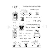 Gestalten Sie zu Hause festliche Weihnachtskarten mit der Clear Stamp Komposition Xmas von Alexandra Renke, die in Schwarz-Weiß weihnachtliche Illustrationen und Sätze wie Autos mit Bäumen und geschmückte Häuser zeigt.
