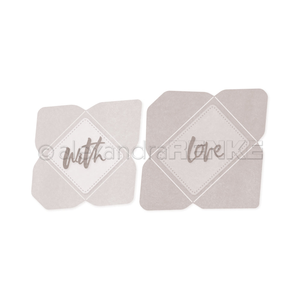 Zwei Klappkarten aus Papier von Alexandra Renke, hergestellt aus hochwertigem Designpapier und gestanzten Systemen, mit elegantem kursivem Text - "with" auf der einen und "love" auf der anderen.