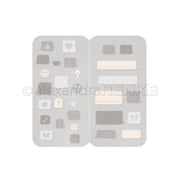 Grauer Stickerbogen von Alexandra Renke mit Chatblasen, Emojis und Social-Media-Symbolen auf weißem Hintergrund - ideal, um Ihr Motivstanze Smartphone Minialbum zu dekorieren oder Ihren DieCut Systemen einen kreativen Touch zu verleihen.