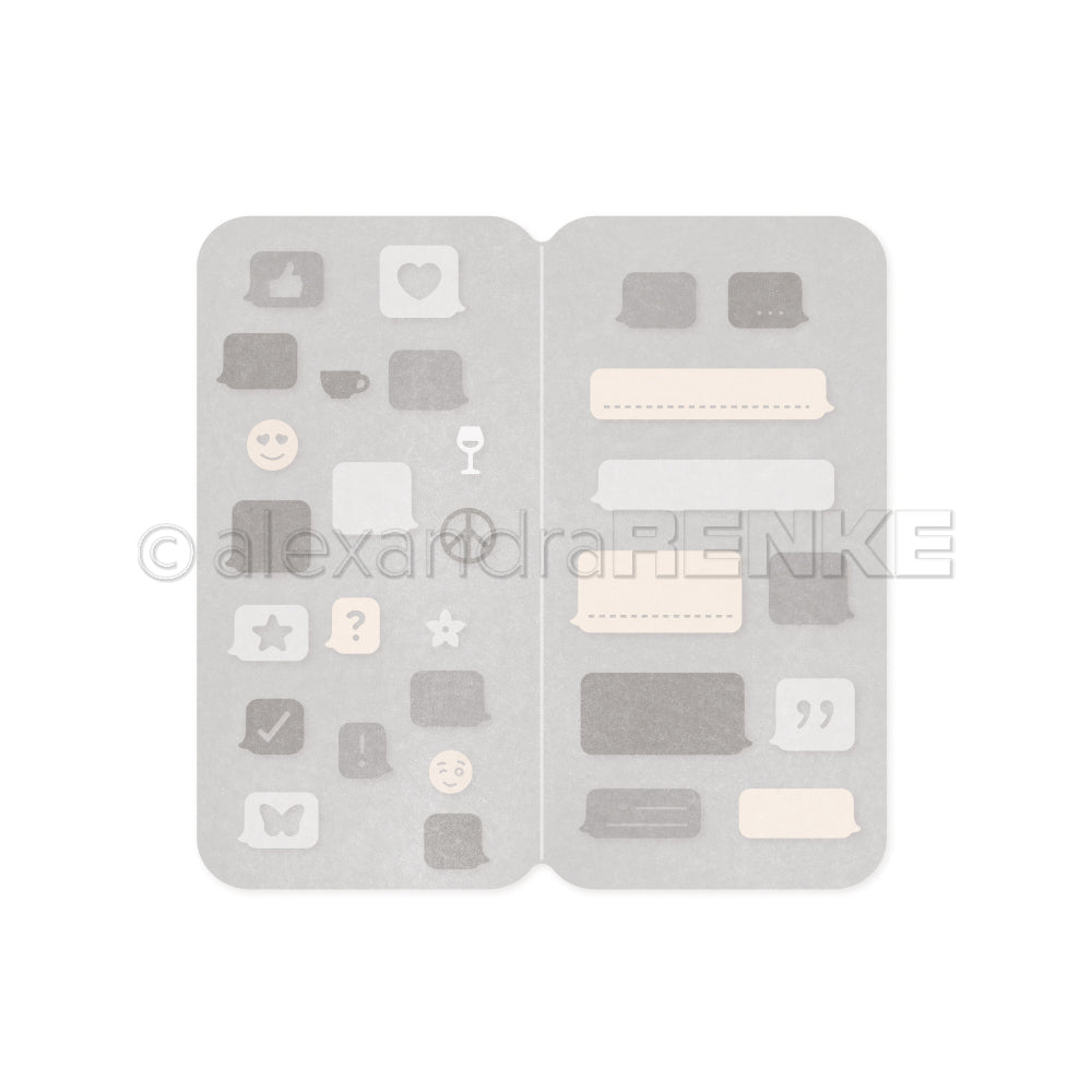 Grauer Stickerbogen von Alexandra Renke mit Chatblasen, Emojis und Social-Media-Symbolen auf weißem Hintergrund - ideal, um Ihr Motivstanze Smartphone Minialbum zu dekorieren oder Ihren DieCut Systemen einen kreativen Touch zu verleihen.