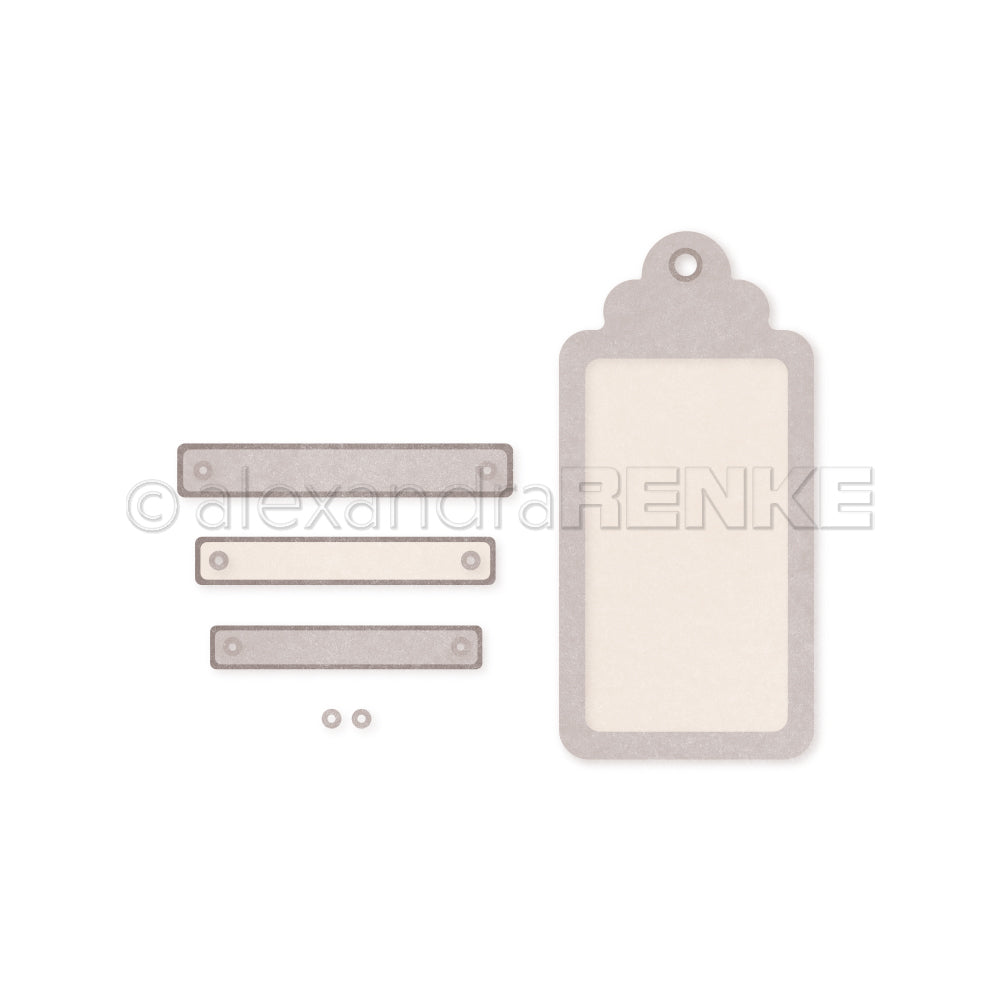 Ein Set mit rechteckigen Papieranhängern von Alexandra Renke, perfekt für Designprojekte oder zur Verwendung mit DieCut-Systemen. Jeder Anhänger hat ein Loch zum Auffädeln oder Befestigen, alles auf weißem Hintergrund.
