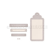 Ein Set mit rechteckigen Papieranhängern von Alexandra Renke, perfekt für Designprojekte oder zur Verwendung mit DieCut-Systemen. Jeder Anhänger hat ein Loch zum Auffädeln oder Befestigen, alles auf weißem Hintergrund.