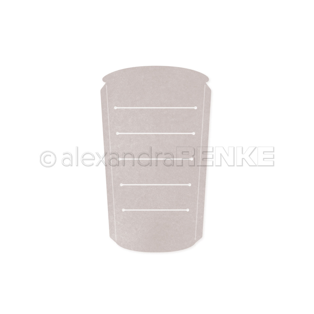 Graue Tassenhülle von Alexandra Renke mit vier horizontalen Schlitzen aus hochwertigem Designpapier. Perfekt für kreative Projekte mit Motivstanze Kaffee To Go oder Dies Stanzen. Abgebildet auf weißem Hintergrund.