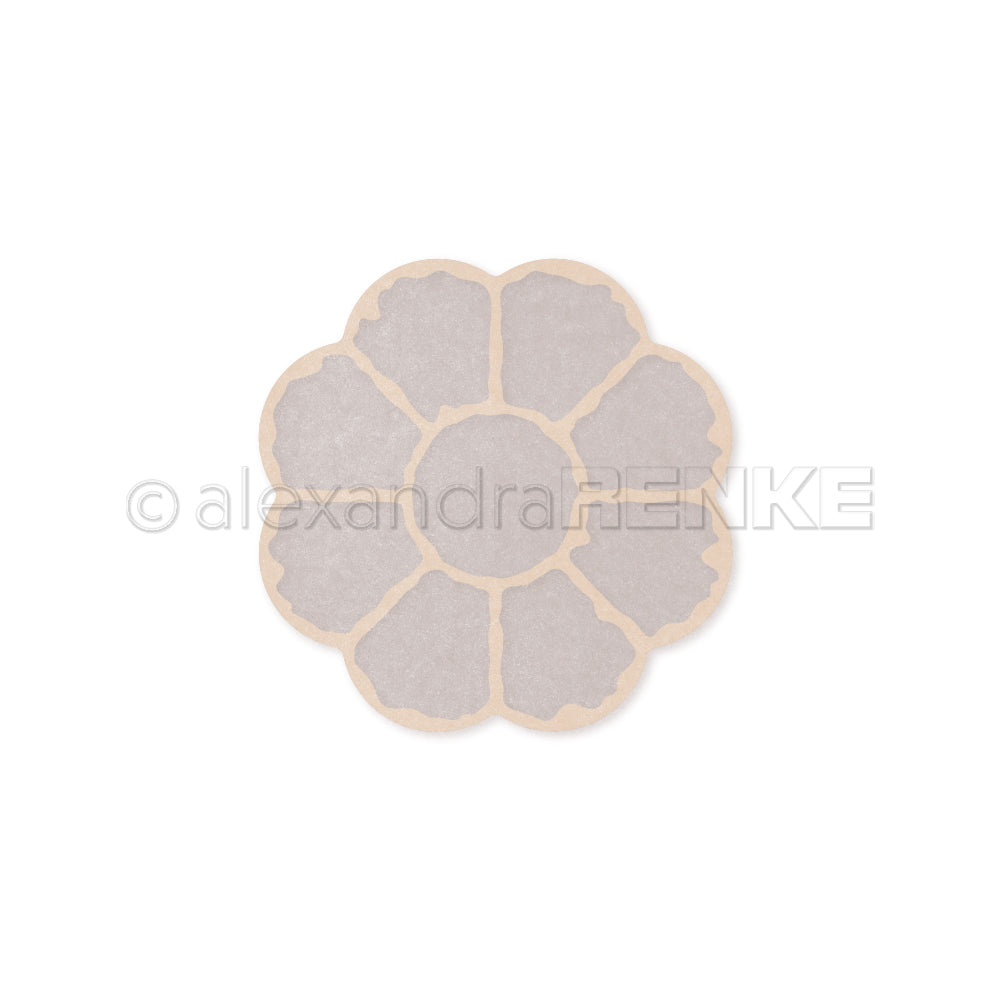 Grauer blumenförmiger Sticker mit acht Blütenblättern, umrandet in Beige, auf weißem Hintergrund - perfekt für DieCut Systeme und um einzigartige Akzente auf Ihren Lieblingsdesignpapieren von Alexandra Renke zu setzen.