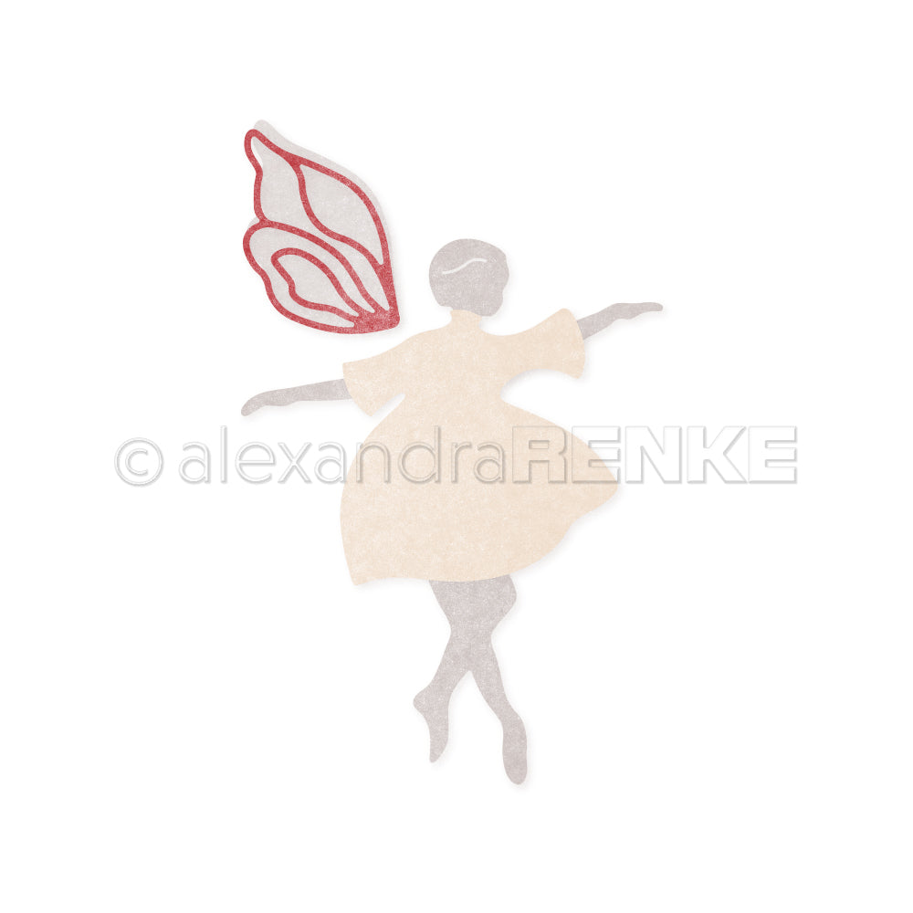 Illustration einer Fee in einem cremefarbenen Kleid mit roten und rosafarbenen Flügeln, mit ausgestreckten Armen, inspiriert von der Alexandra Renke Motivstanze Tanz Fee Lala Dies, auf weißem Hintergrund.