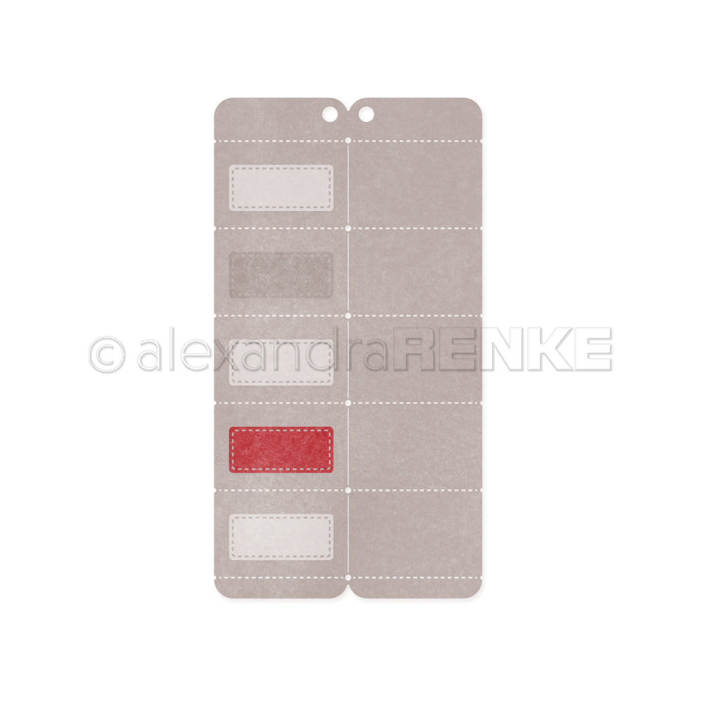 Ein Bogen mit vier rechteckigen Alexandra Renke Designpapieren in grau, beige und rot mit gepunkteten Konturen auf hellem Hintergrund - ideal für DieCut Systeme oder als Motivstanze Lesezeichenfächer.