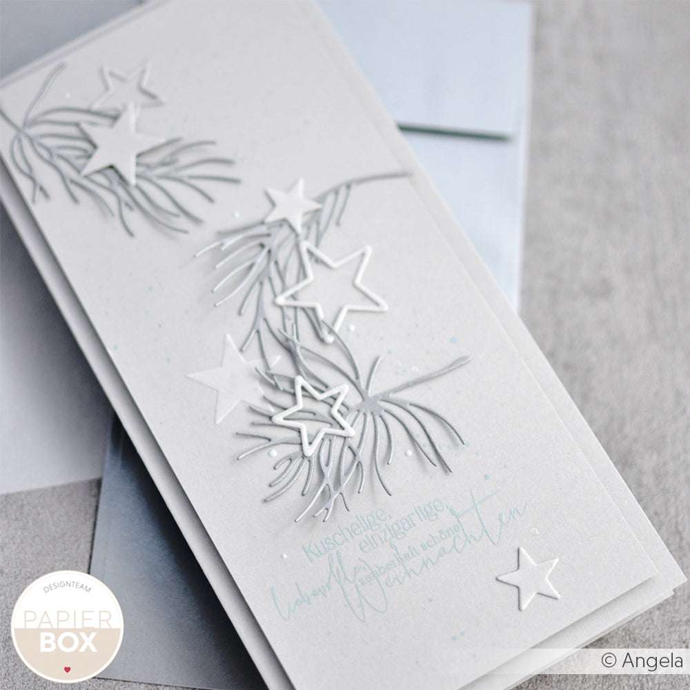 Handgefertigte weiße Weihnachtskarte von Alexandra Renke mit Stern- und Tannenzweigmotiven, hergestellt mit einer Motivstanze, präsentiert auf einem hellblauen Umschlag.
