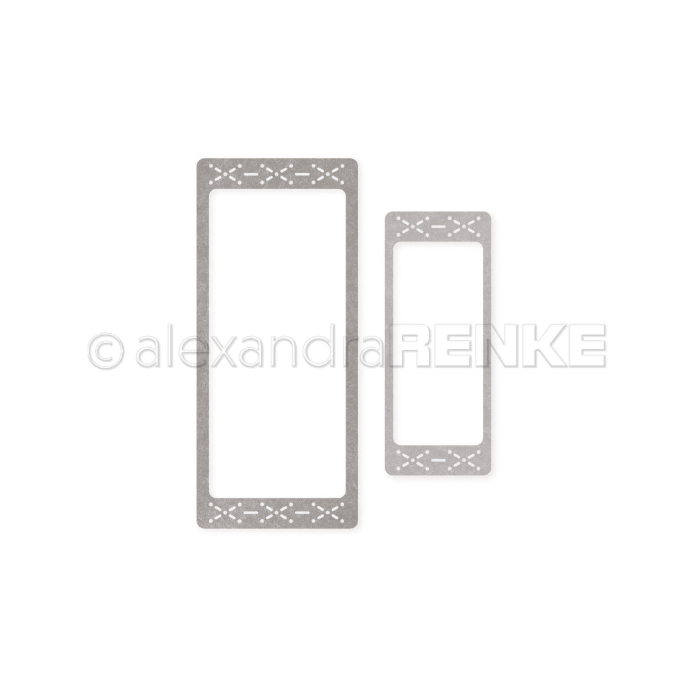 Dieses Alexandra Renke Motivstanze Rahmenset besteht aus zwei rechteckigen Metallstempeln mit dekorativen Kanten, in großen und kleinen Größen, ideal für Ihre Stanzsysteme. Abgebildet auf einem weißen Hintergrund.