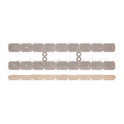 Drei Metallstreifen mit beschrifteten, gelochten Rechtecken in einer Reihe auf weißem Grund von Alexandra Renke - ideal als Stanzen Set Tickets oder zum kreativen Veredeln Ihrer Designpapiere.