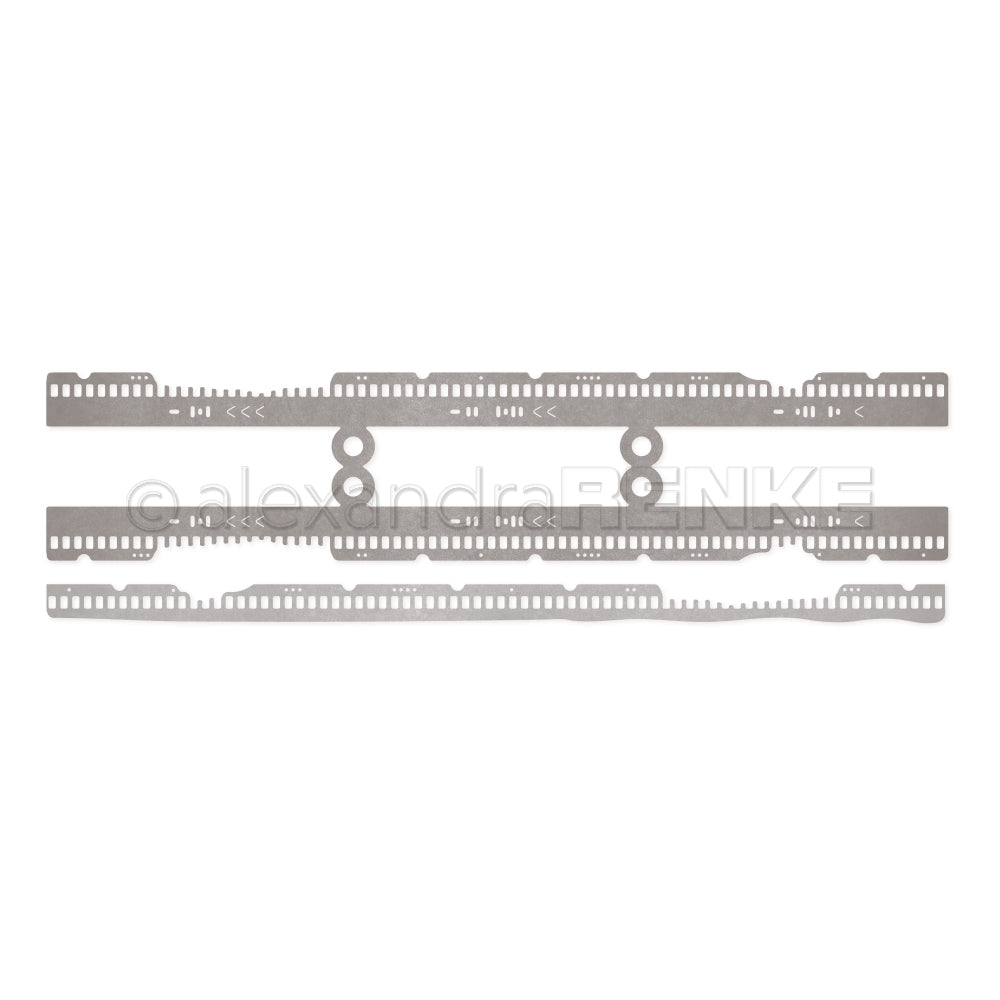 Drei verschlungene, rechteckige, gestanzte Metallstreifen von Alexandra Renke mit kreisförmigen und gemusterten Details - ideal für Designpapier oder die Verwendung mit Ihrem bevorzugten Stanzsystem.