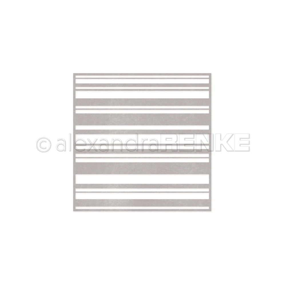 Eine quadratische Schablone von Alexandra Renke mit horizontal ausgeschnittenen Streifen auf weißem Hintergrund, ideal für die Herstellung moderner Muster mit DieCut Systemen und Designpapieren.