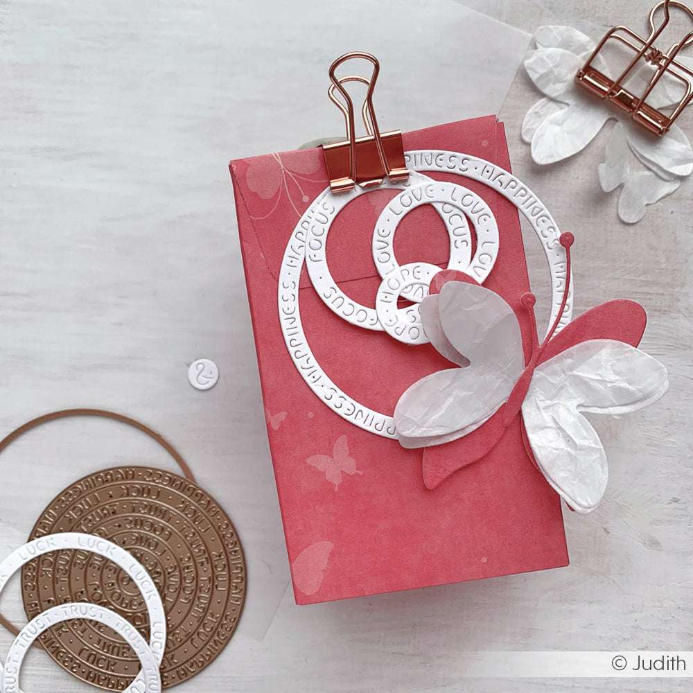 Rosa Alexandra Renke Geschenkbox mit weißem Schmetterling, geprägten Silberringen und goldener Klammer auf heller Oberfläche - ideal, um Designpapiere zu präsentieren oder mit Motivstanze Wortkreise einen kreativen Akzent zu setzen.