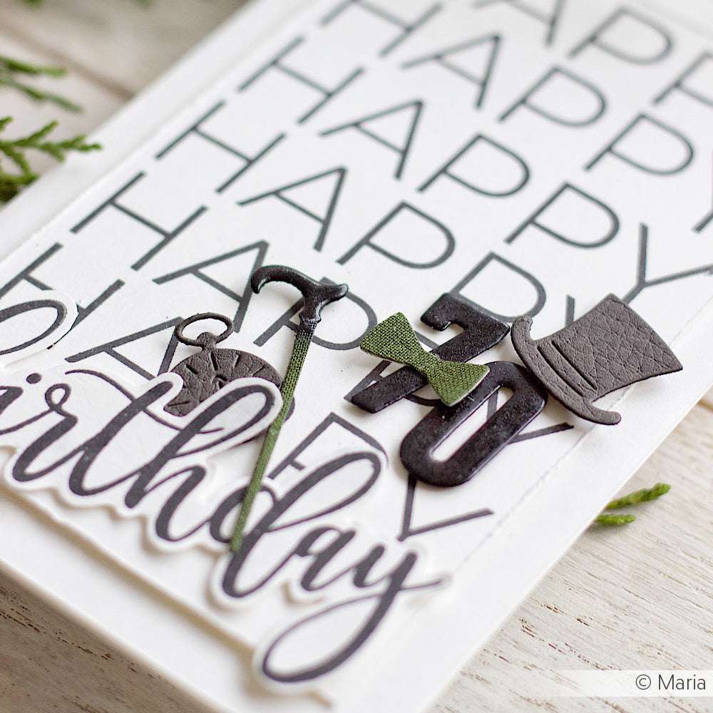 Handgefertigte Karte von Alexandra Renke mit wiederholtem "HAPPY", "Geburtstag" in Schreibschrift, 3D-Zahl 70 und Verzierungen aus dem Motivstanze Gentleman Set unter Verwendung hochwertiger Designpapiere.