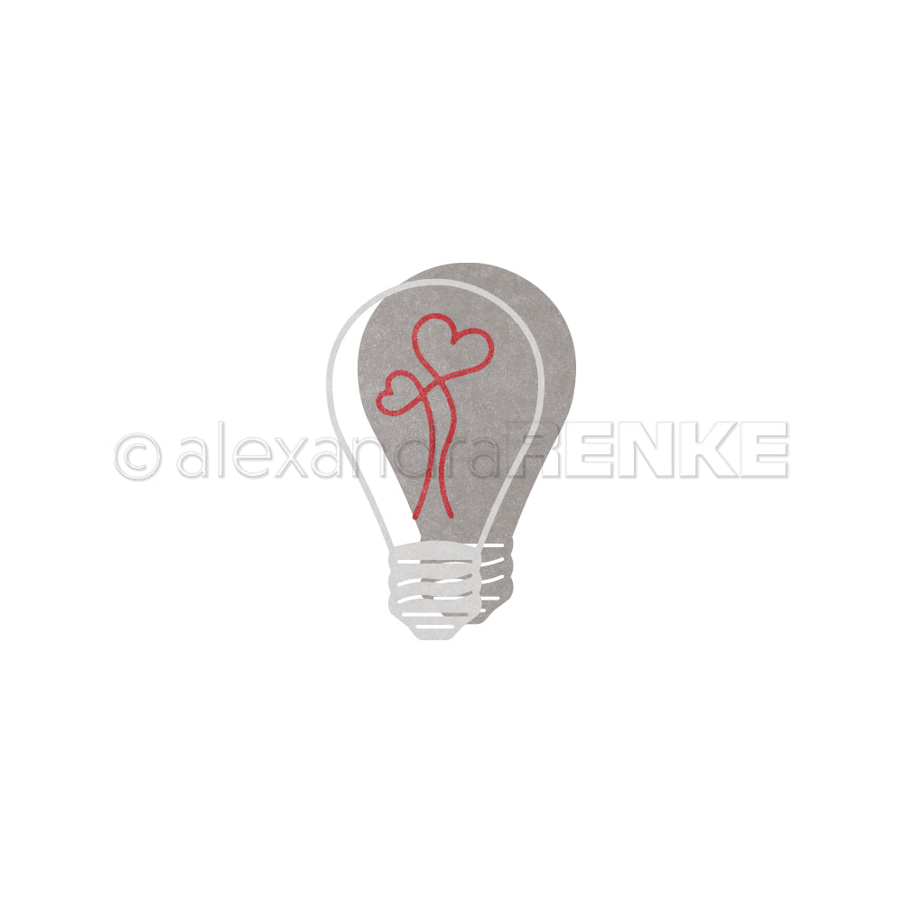 Eine graue Alexandra Renke Glühbirne mit zwei roten herzförmigen Glühfäden, perfekt als DieCut Systeme oder Motivstanze Glühbirne zum Basteln mit Stanzen für Designpapier.