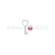 Ein Schlüsselanhänger aus Metall mit einem rosa Schloss und einem weißen Ausrufezeichen, gefertigt mit den „Alexandra Renke Stanzen 100 % Stahl DieCut“-Systemen, dargestellt auf weißem Hintergrund.