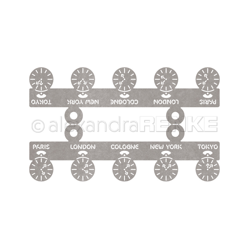 Graue Alexandra Renke Schablone mit Uhren- und Städtenamenausschnitten-Tokio, New York, London, Köln, Paris-ideal für das Basteln mit DieCut Systemen oder Designpapieren in Motivstanze Weltzeit-Projekten.