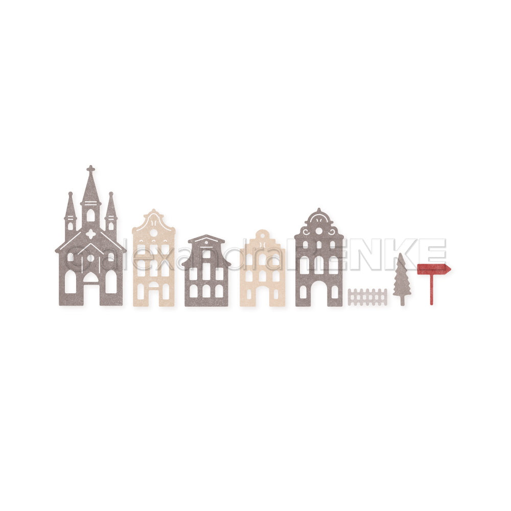 Ausgeschnittene Formen von Gebäuden, einem Zaun, einem Baum und einem roten Schild - hergestellt mit Alexandra Renke Motivstanze Mini-Stadthäuser - sind in einer Reihe auf Designpapier vor einem weißen Hintergrund angeordnet.