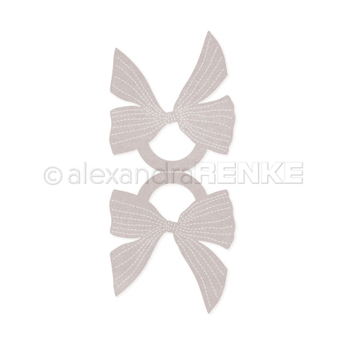 Zwei hellgraue Schleifen mit weißen Nähten, die vertikal auf einem schlichten weißen Hintergrund angeordnet sind - ideal für Ihr Alexandra Renke Designpapier oder in Kombination mit ihren Stanzsystemen für kreative Projekte.