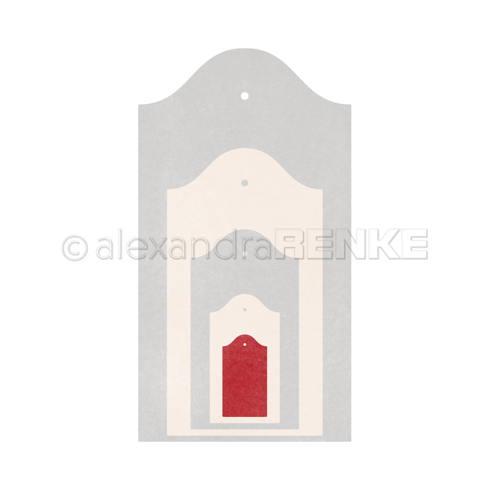 Vier ineinander geschachtelte Alexandra Renke Karniesbogen Etiketten Groß in grau, weiß und rot, jeweils mit einem oberen Loch zum Auffädeln oder Befestigen - ideal für kreative Motivstanze-Projekte mit Stanzsystemen.