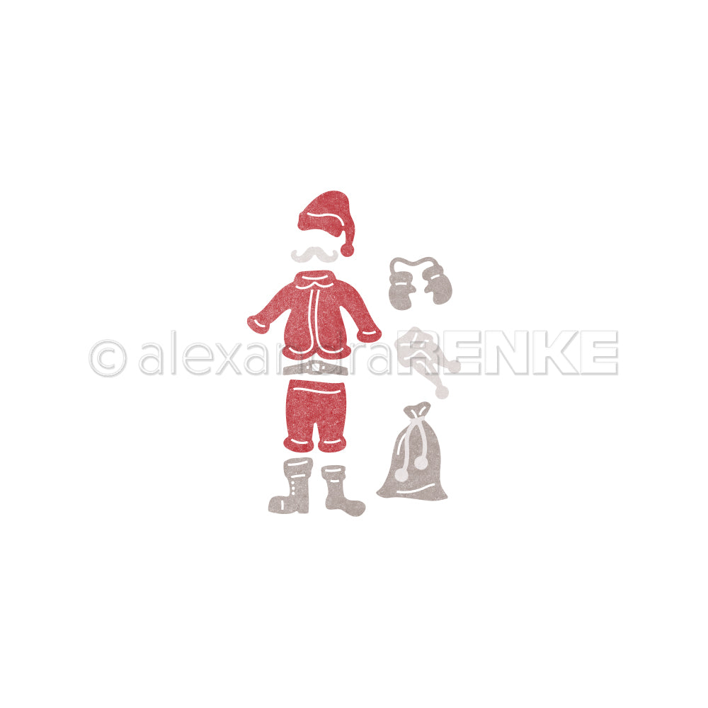 Minimalistische Illustration von Weihnachtsmann-Outfit, Stiefeln, Fäustlingen und Geschenksack auf weißem Hintergrund - ideal für Alexandra Renke-Fans und Liebhaber von Stanzen für Designpapiere oder Motivstanze Weihnachtsmannkostüm.