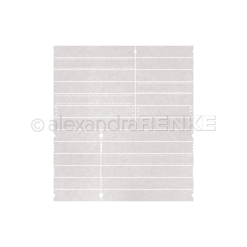 Hellgraues Quadrat mit verschiedenen weißen gestrichelten und durchgezogenen Linien sowie kleinen Symbolen auf weißem Hintergrund - ideal für die Verwendung mit Motivstanze oder anderen DieCut Systemen von Alexandra Renke.