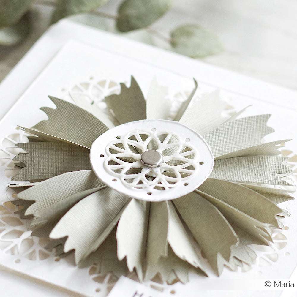 Papierbastelblume mit strukturierten hellgrünen Blütenblättern von Alexandra Renke Designpapiere und einer detaillierten weißen Mitte, hergestellt mit Motivstanze Ornament DieCut Systeme, wunderschön auf einer dekorativen Karte dargestellt.