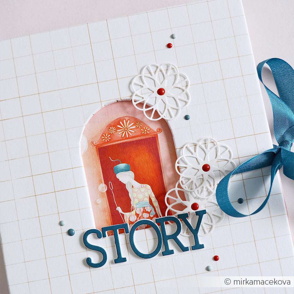 Handgefertigte Karte mit STORY-Text, Blumenausschnitten, die mit Alexandra Renke Stanzformen hergestellt wurden, einem Band und einer illustrierten Figur in einem Hauseingang.