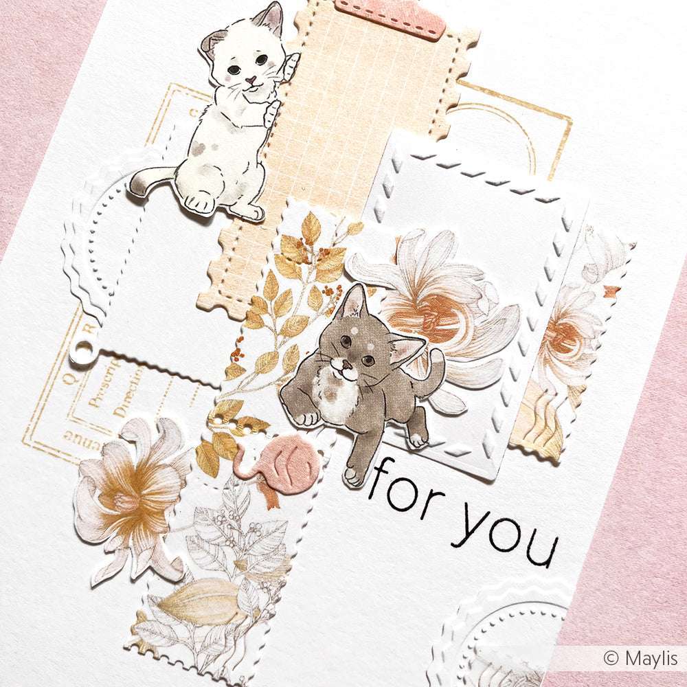Grußkarte von Alexandra Renke mit floralen Motiven und zwei illustrierten Kätzchen, mit strukturierten Papierschichten und dem Text "for you" - fein gearbeitet mit Motivstanzen für präzise Details.