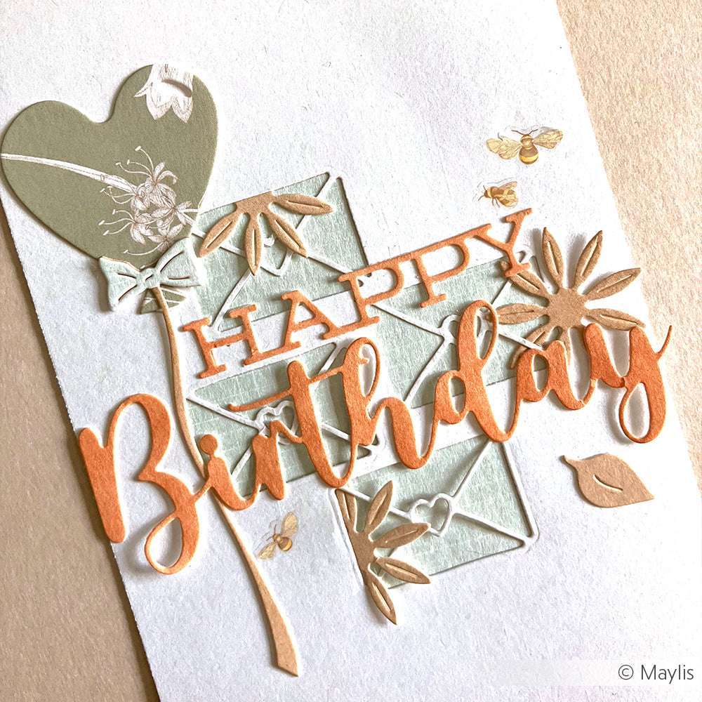 Handgefertigte Happy Birthday Karte von Alexandra Renke, mit Blumen- und Bienenakzenten in Pastellgrün und Orange, hergestellt mit Stanzsystemen und einer Motivstanze Schneckenpost.