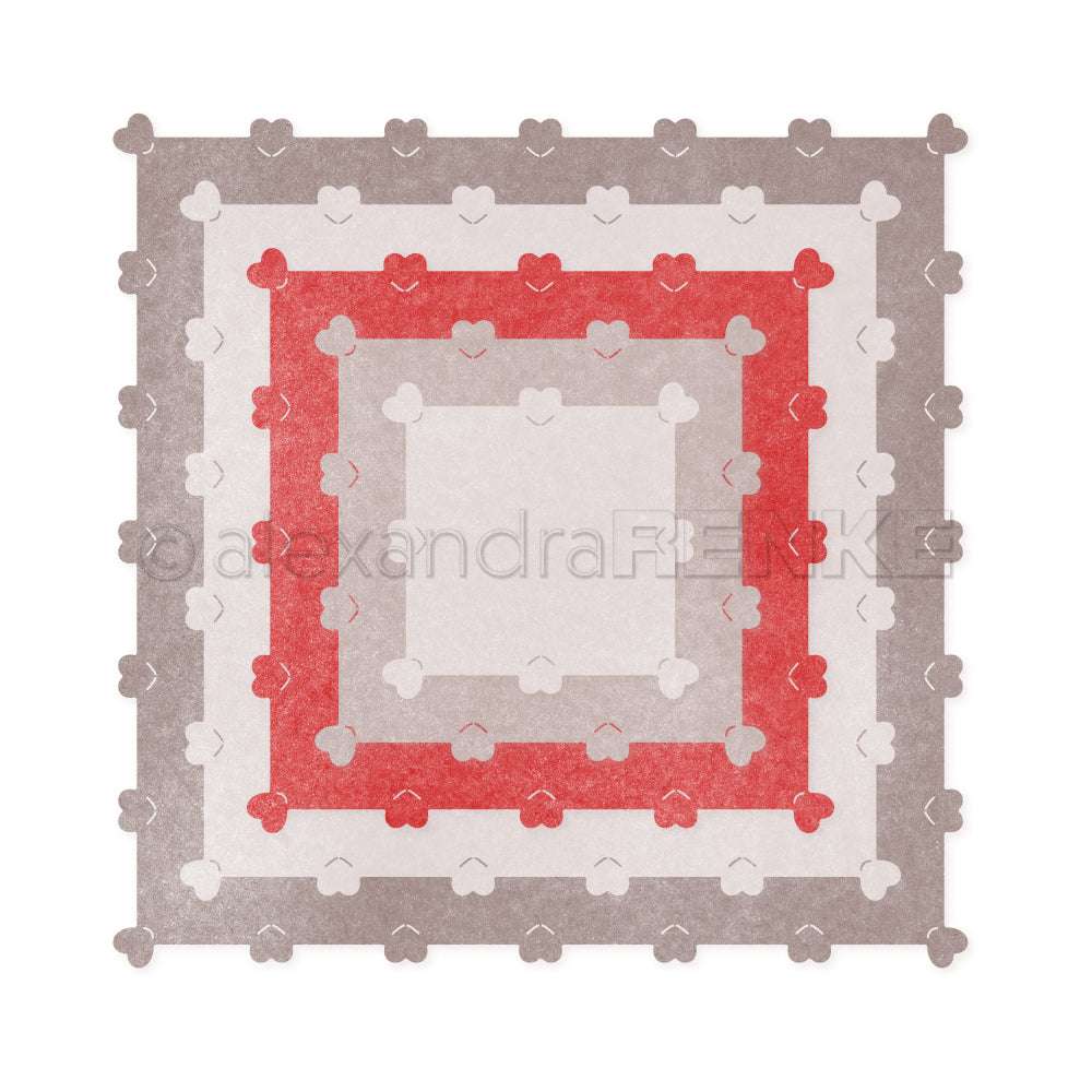 Quadratische, geschichtete Puzzleteile in Grau- und Rottönen bilden ein geometrisches Muster auf weißem Hintergrund von Alexandra Renke - perfekt als Kartenaufleger für Ihr nächstes kreatives Projekt.