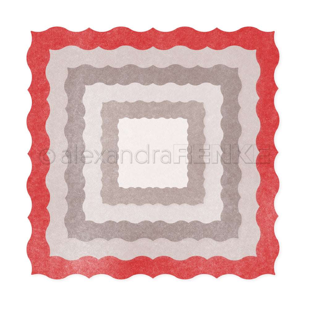 Eine quadratische Serviette von Alexandra Renke mit gewellten Rändern und konzentrischen Schichten aus Rot, Taupe und Weiß, die an den Ornamentrand-Kartenaufleger erinnern.