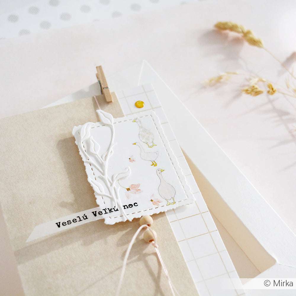 Minimalistische Osterkarte von Alexandra Renke mit Gänse-Illustration, tschechischem Gruß und neutralen Details auf hellem Hintergrund - ideal zum Kombinieren mit DieCut Systemen oder Motivstanze Rechteckige Schicht-Etiketten.