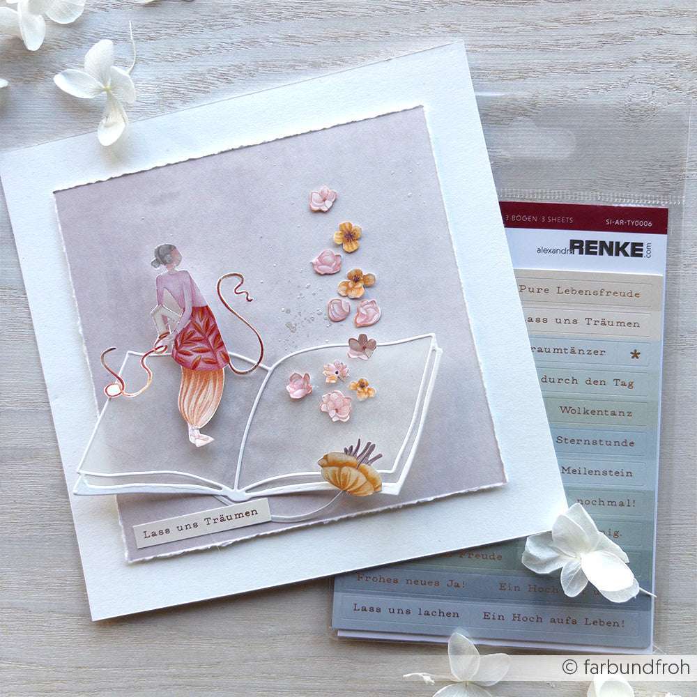 Handgemachte Karte von Alexandra Renke mit einer Frau, die aus einem aufgeschlagenen Buch tritt, gestaltet mit Motivstanze Aufgeschlagenes Buch und rosa Blumen. Dieses einzigartige PAPPcut®ies-Design mit deutschem Text ist ideal für besondere Anlässe.