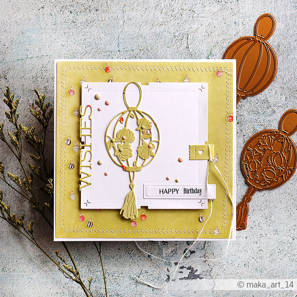 Handgemachte Geburtstagskarte mit Alexandra Renke Deep Edge Motivstanzen Blumenausschnitt, Text "WISHES" und dekorativen Verzierungen auf gelbem Hintergrund.