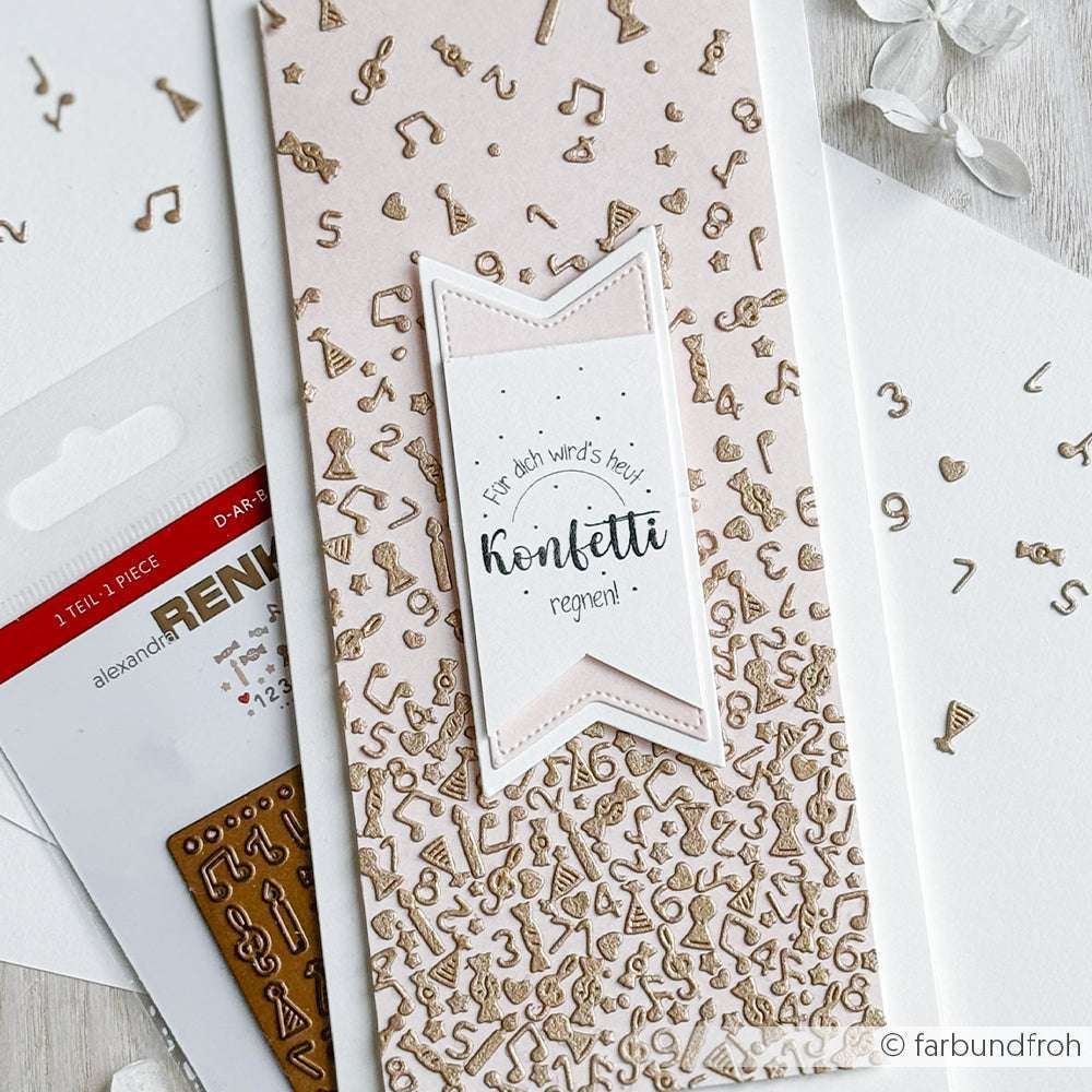 Handgefertigte Karte von Alexandra Renke mit goldenen Konfetti-Formen, hergestellt mit Deep Edge Motivstanzen und PAPPcut®ies, mit einem Banner mit der Aufschrift "Für dich wird's heut' Konfetti regnen!".