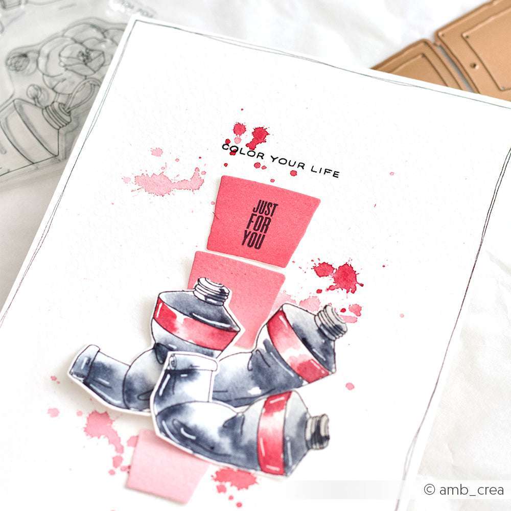 Handgefertigte Alexandra Renke Karte mit Farbtuben, rosa Spritzern und dem Text COLOR YOUR LIFE und JUST FOR YOU. Einzigartige Deep Edge Motivstanzen-Akzente sorgen für zusätzliches Flair.