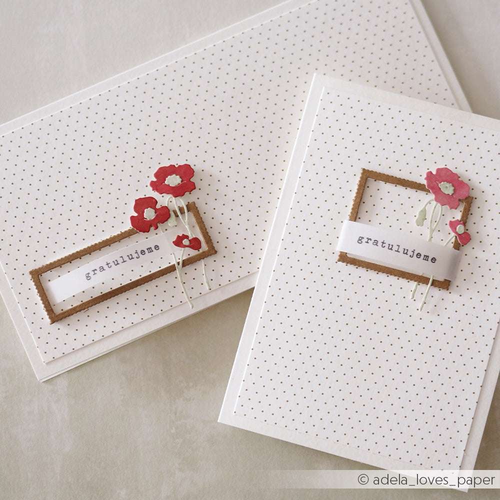 Zwei weiße Karten von Alexandra Renke mit kleinen roten Blumen, einem braunen Rahmen und dem Text "gratulujem" auf gepunktetem Hintergrund, hergestellt mit Deep Edge Motivstanzen für komplizierte Details.