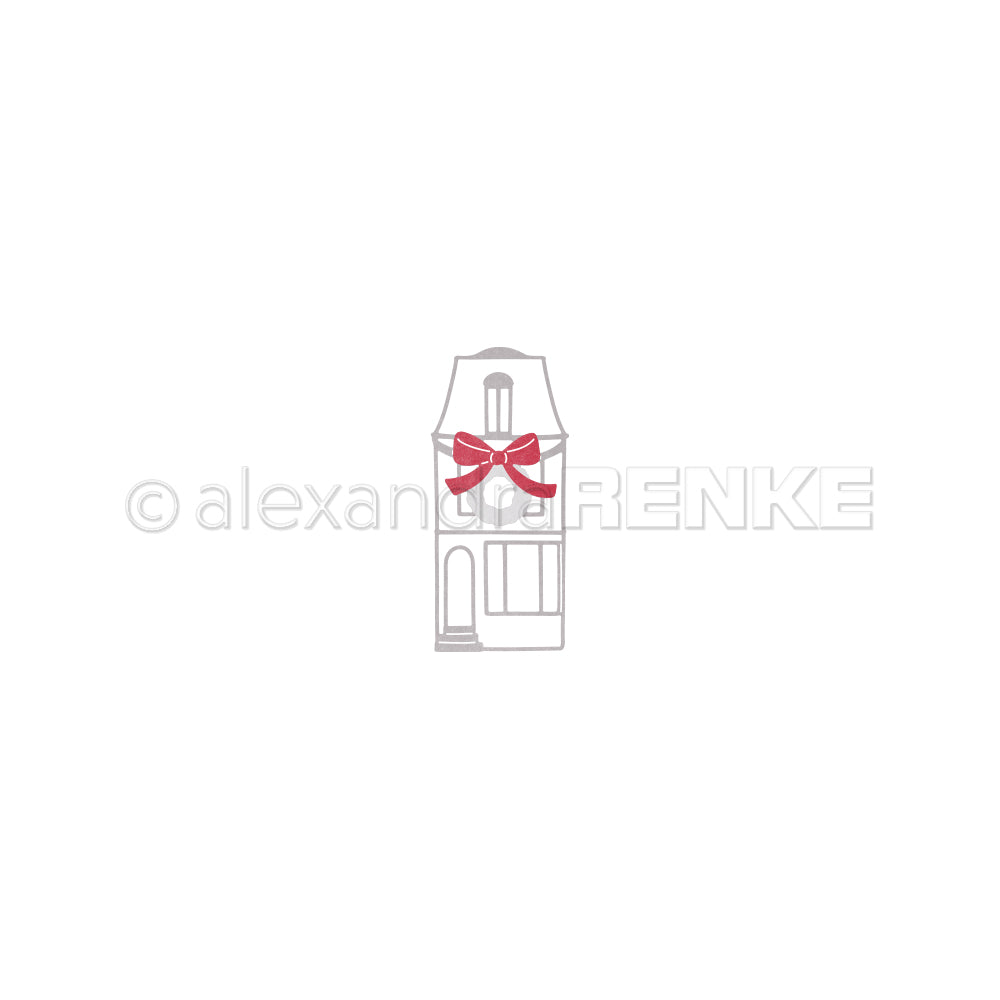 Schlichte graue Haus-Illustration mit der Motivstanze Großes Haus schmal von Alexandra Renke, akzentuiert durch eine große rote Schleife auf der Vorderseite und zentriert auf einem weißen Hintergrund.