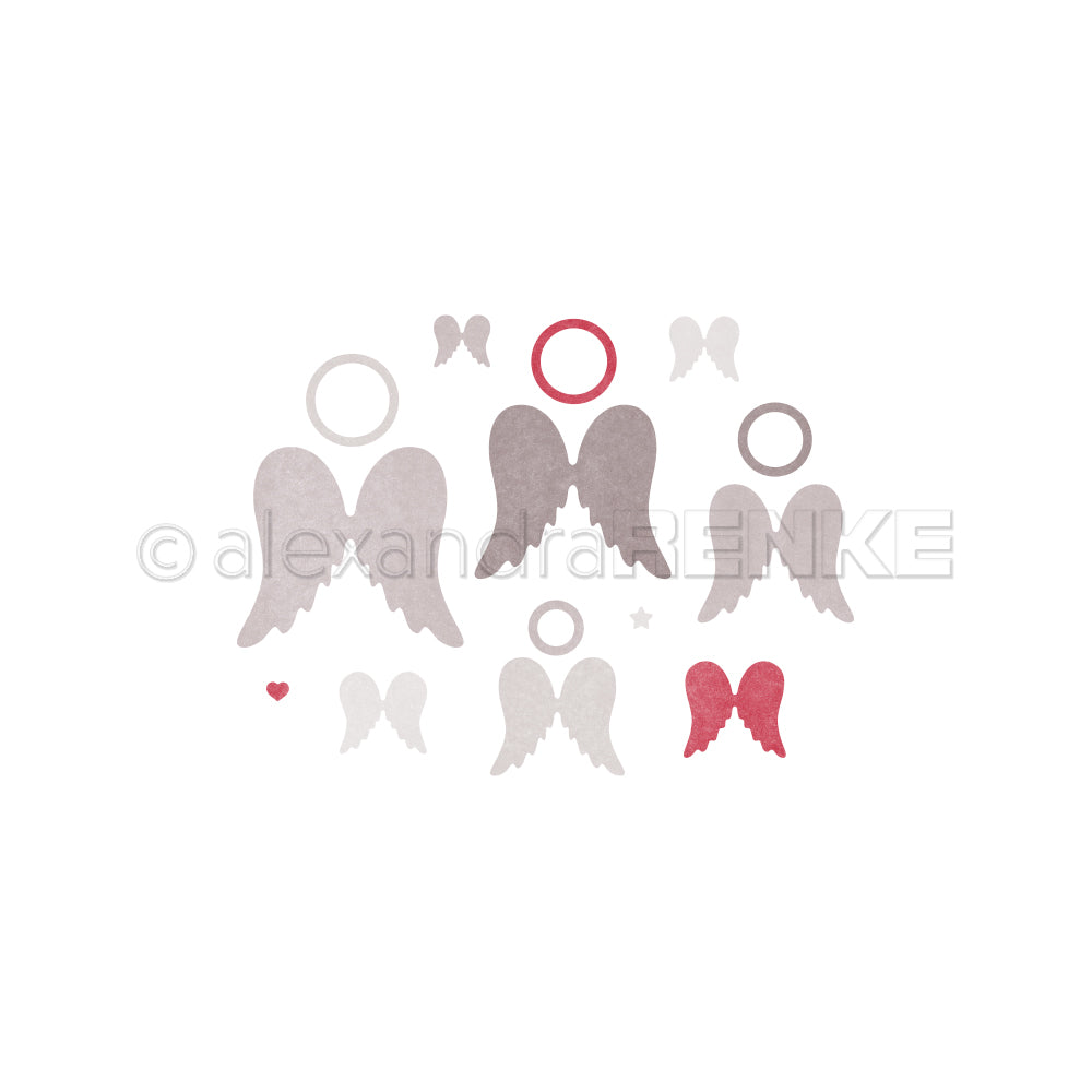 Engelsflügel, Heiligenscheine, Herzen und Sterne in neutral und rot auf weiß - ideal für kreative Projekte mit Alexandra Renke Stanzsystemen oder Motivstanze Engelsflügel.