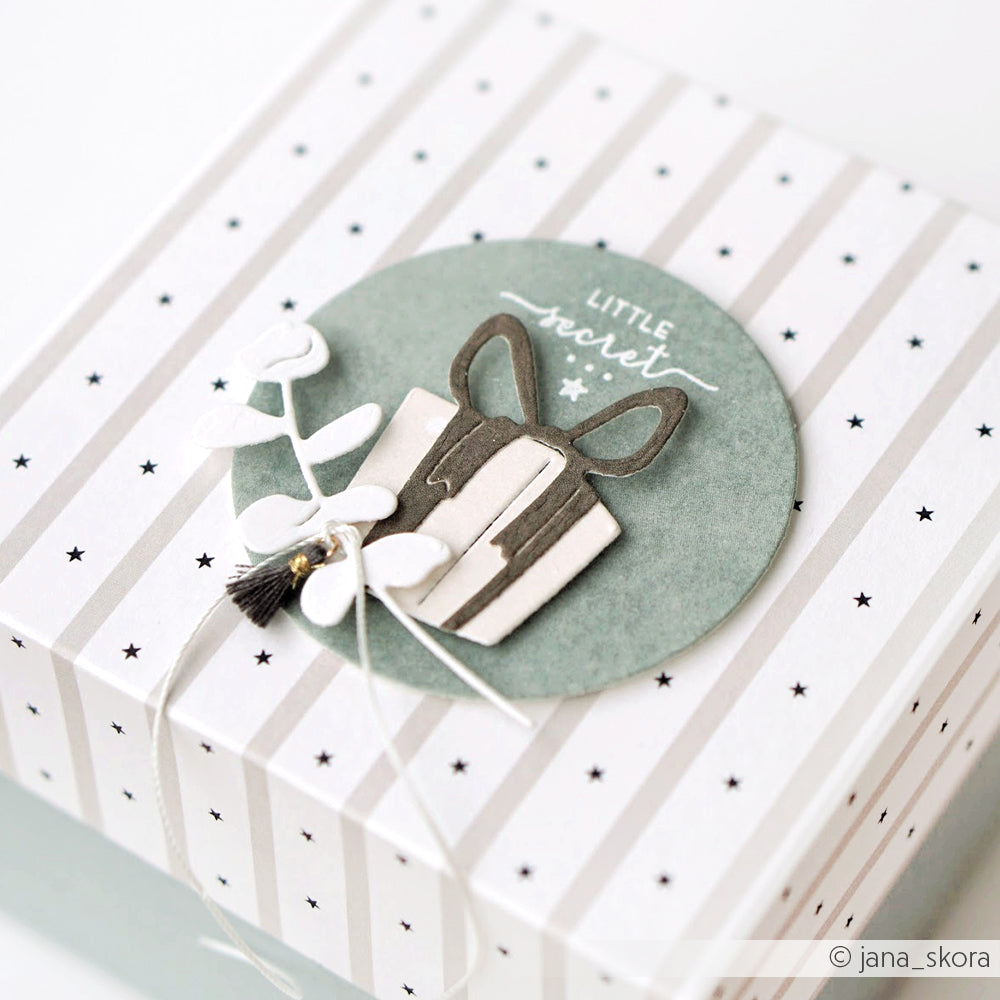 Eine gestreifte Geschenkbox von Alexandra Renke Designpapiere mit einem runden Anhänger mit der Aufschrift "LITTLE secret" und einer Schleife auf der Oberseite.