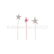 Drei sternförmige Stäbe, zwei graue und ein roter, mit dünnen Stielen auf weißem Hintergrund - ideal zum Basteln mit den DieCut Systemen von Alexandra Renke oder zum Hervorheben Ihrer Lieblingsdesignpapiere.