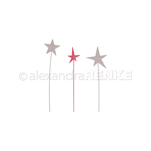 Drei sternförmige Stäbe, zwei graue und ein roter, mit dünnen Stielen auf weißem Hintergrund - ideal zum Basteln mit den DieCut Systemen von Alexandra Renke oder zum Hervorheben Ihrer Lieblingsdesignpapiere.