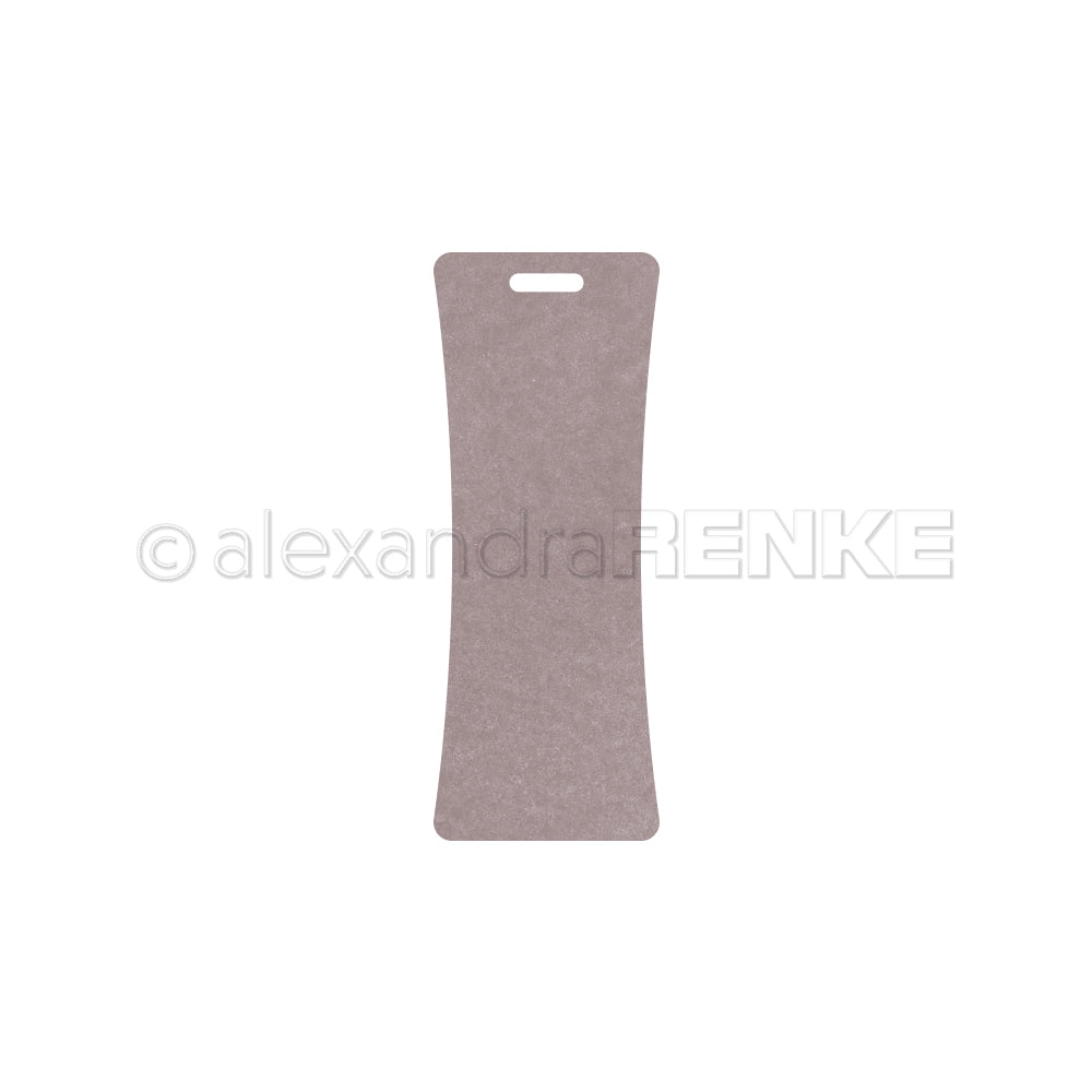 Ein braunes, sanduhrförmiges, tailliertes Etikett-Lesezeichen von Alexandra Renke mit einem rechteckigen Schlitz in der Nähe des oberen Endes, abgebildet auf weißem Hintergrund.