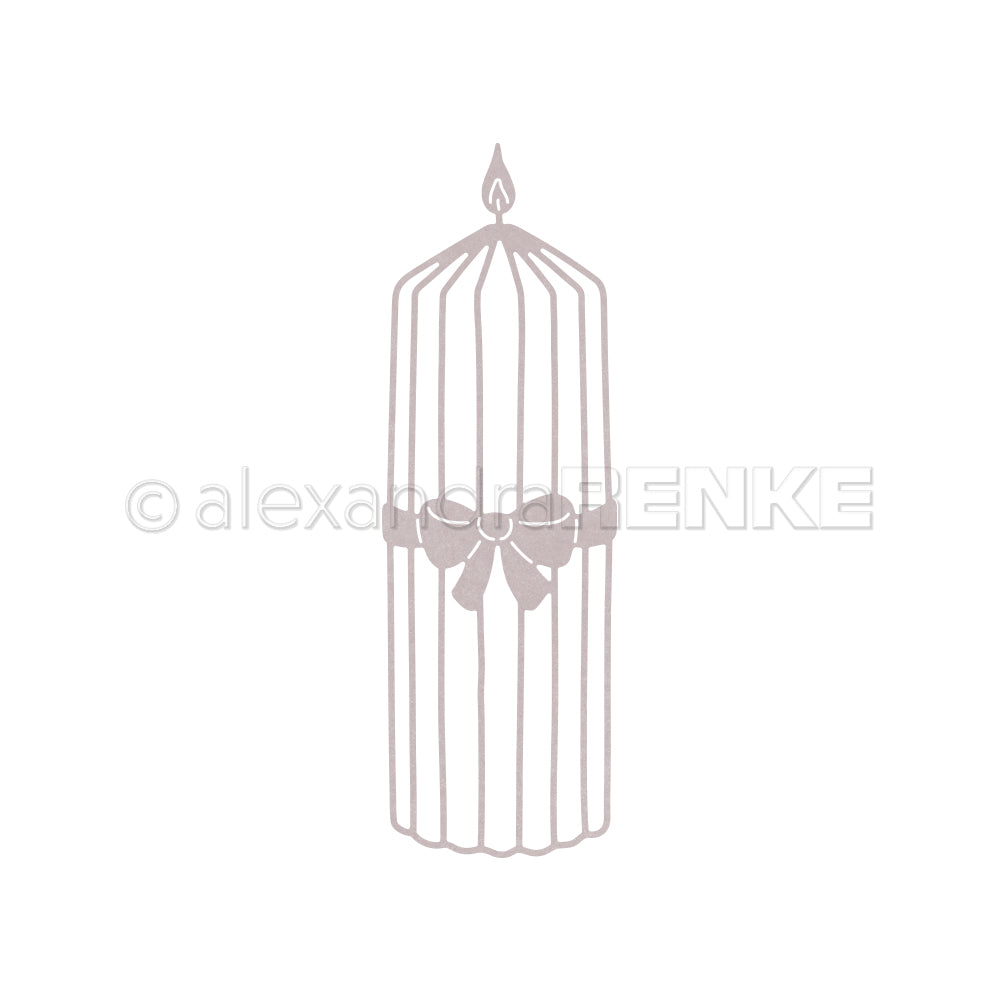 Einfache Illustration eines hohen Vogelkäfigs mit einem Band in der Mitte, inspiriert von den zarten Linien der Alexandra Renke Stanzformen wie der Motivstanze Große Outline Kerze, vor weißem Hintergrund.