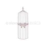 Einfache Illustration eines hohen Vogelkäfigs mit einem Band in der Mitte, inspiriert von den zarten Linien der Alexandra Renke Stanzformen wie der Motivstanze Große Outline Kerze, vor weißem Hintergrund.
