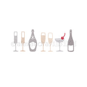Illustration von Sektgläsern, Flaschen und einem Cocktailglas mit einer Kirsche in neutralen Tönen - ideal zum Basteln mit Alexandra Renke Fröhliche Drinks Dies und Stanzsystemen.