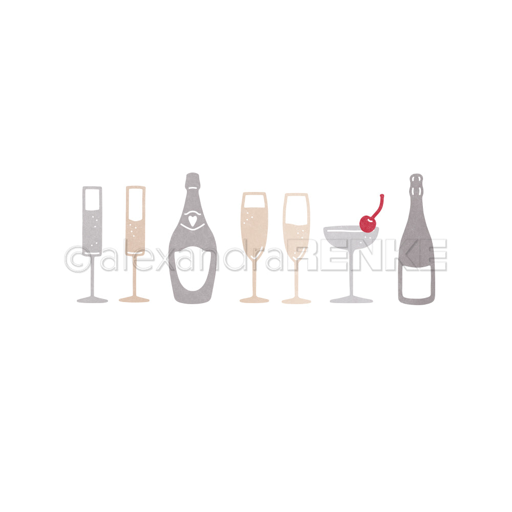 Illustration von Sektgläsern, Flaschen und einem Cocktailglas mit einer Kirsche in neutralen Tönen - ideal zum Basteln mit Alexandra Renke Fröhliche Drinks Dies und Stanzsystemen.
