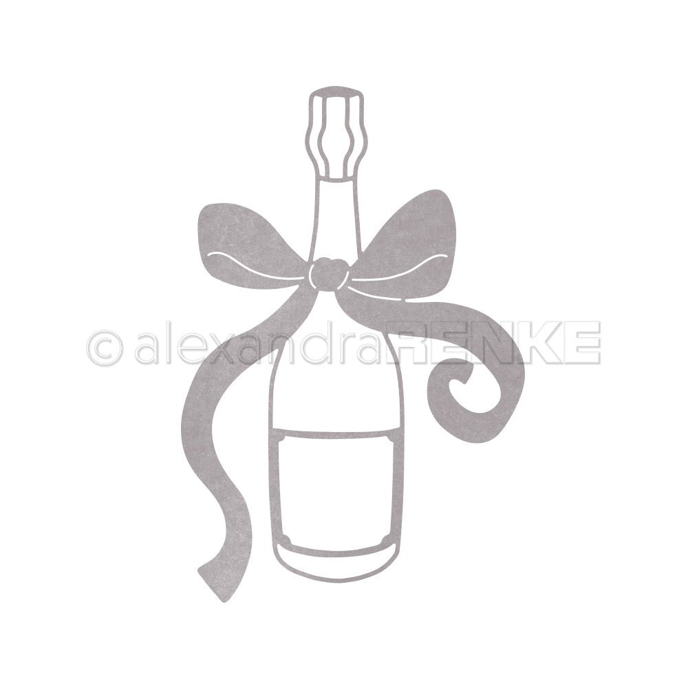 Eine Alexandra Renke Motivstanze Champagnerflasche mit großer Schleife im schlichten, grauen Konturenstil - ideal für die Verwendung mit DieCut Systemen und Stanzen.